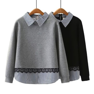 Fake Two-piece plus size Jacket 2025 Spring New Fat Sister Slim Fashion Stitching Lace Lapel Sweaters 2502