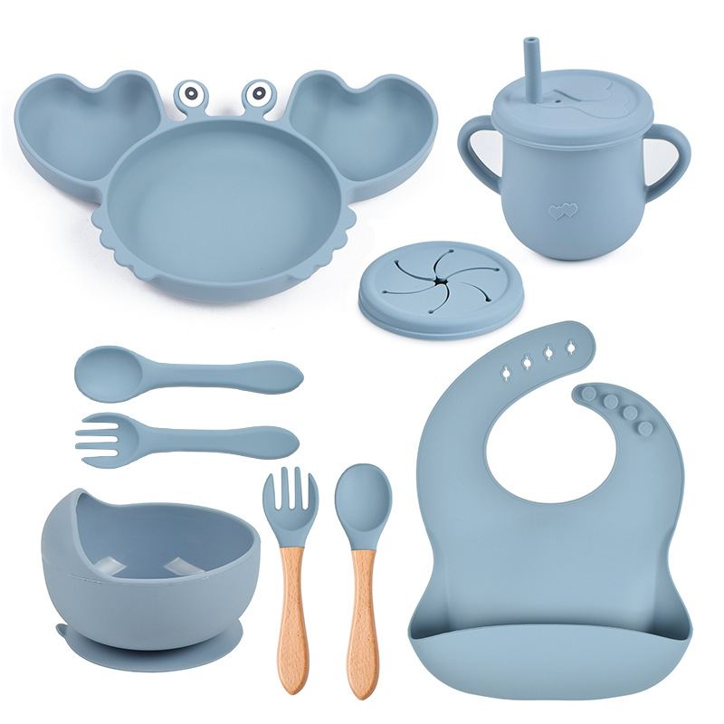 Set de vajilla para bebé de silicona de 9 piezas - Plato con forma de cangrejo, babero, plato dividido, cuchara, tenedor, taza
