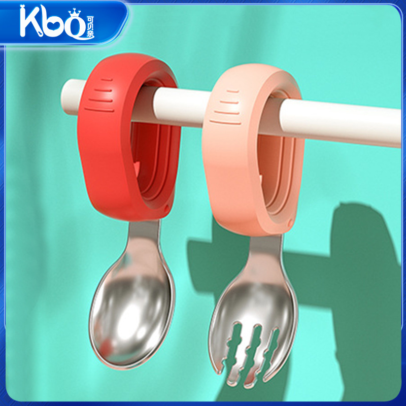 허궈 베이비 식기 스테인리스 스틸 어린이 식사 훈련용 스푼 유아용 이유식 실리콘 짧은 손잡이 포크 스푼
