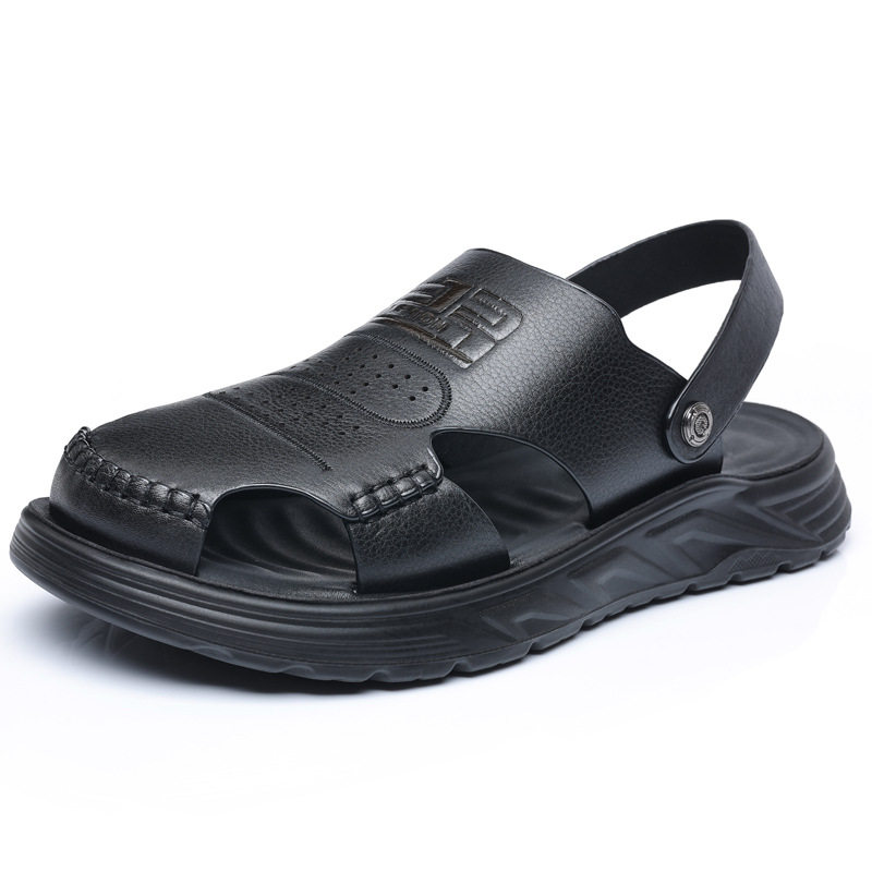Dép sandal nam bít mũi da bò lớp đầu đế dày thoáng khí gót 3 cm — Màu nâu, Màu đen
