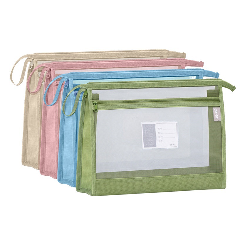 Bolsa de almacenamiento de archivos tridimensionales de doble capa Morandi bolso de clasificación de papel de prueba Bolsa de archivo transparente de nylon de malla de Estudiante