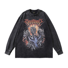 TKPA美式高街復古暗黑印花水洗長袖打底T恤男女vibe休閒古着上衣