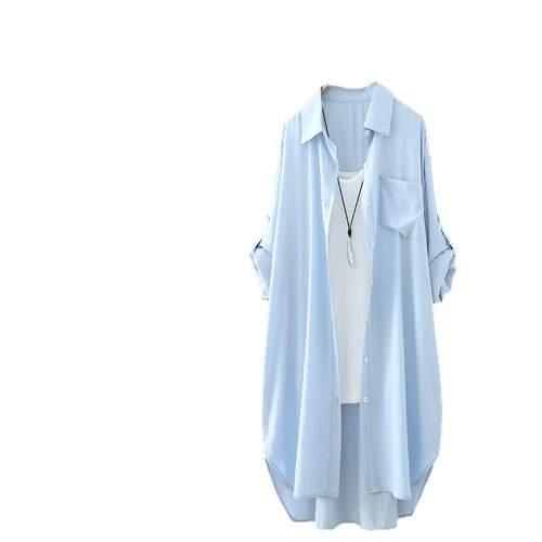 Cross-border summer long-length long-sleeved solid color women's literary loose front short back long sun protection coat open jacket thin outerwear