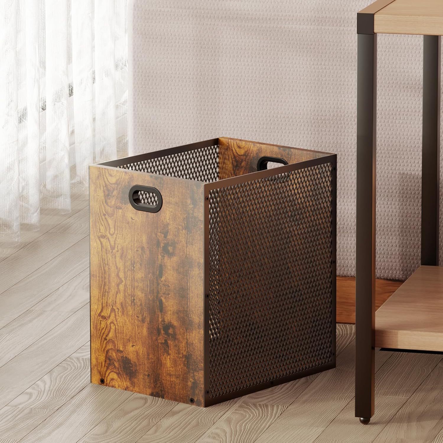 Cross-border Wrought Iron Wooden Trash Bin Creative Home Storage Basket Home Toy Record Data Storage Basket Garbage Box