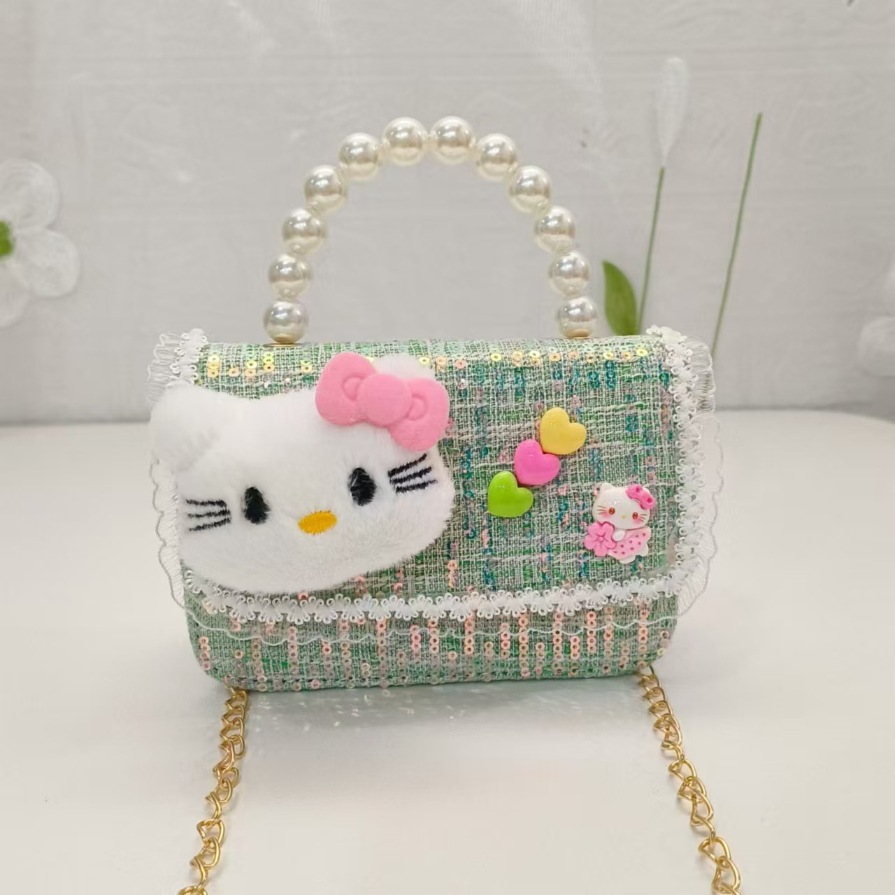 Bolsa de perla de dibujos animados de un hombro con una pequeña bolsa de cambio de viento bolsa de accesorios de niños bolsos cuadrados cadenas mochila de chicas