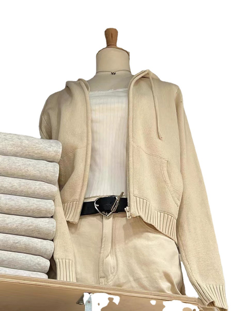 Hoody, knitted short sweater with zipper, city style 5