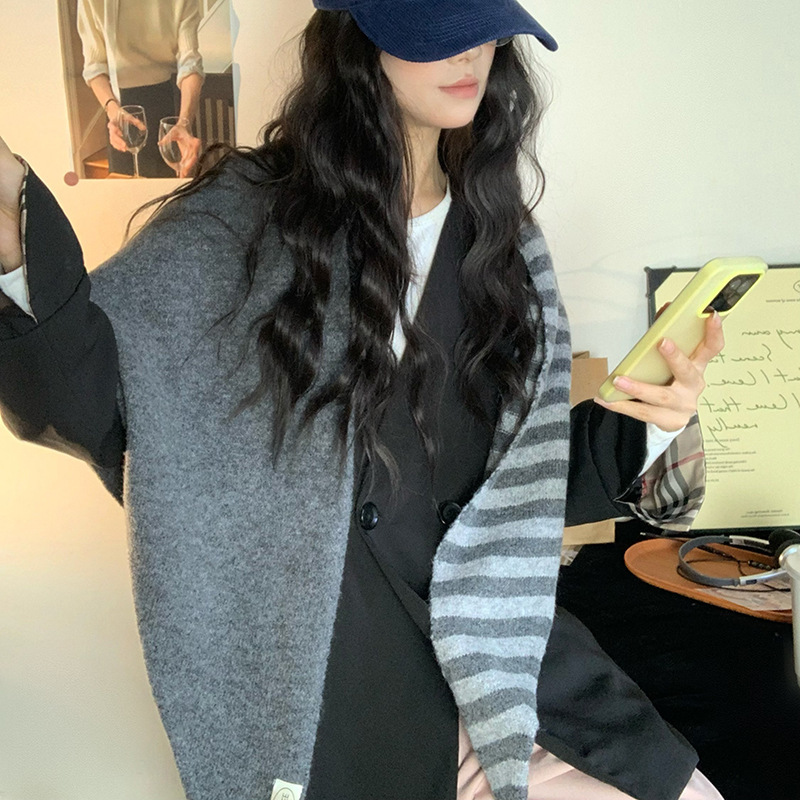 韩版羊毛混纺条纹三角巾披肩女秋冬高级感围巾百搭保暖护颈围脖潮|undefined