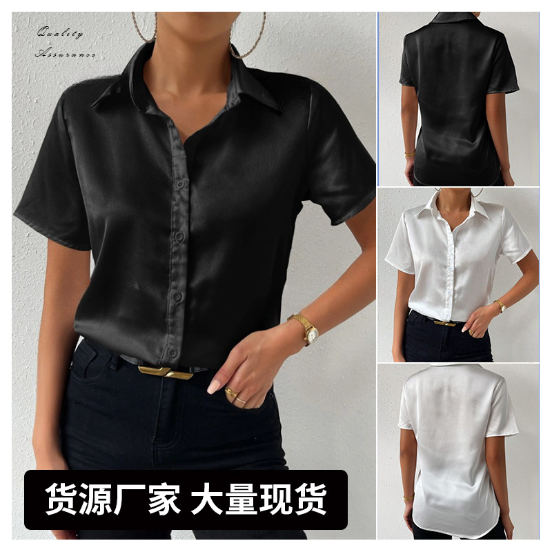 Camisa de satén con botones en stock, éxito de ventas en Amazon 2025, top casual holgado de satén, ropa de mujer transfronteriza