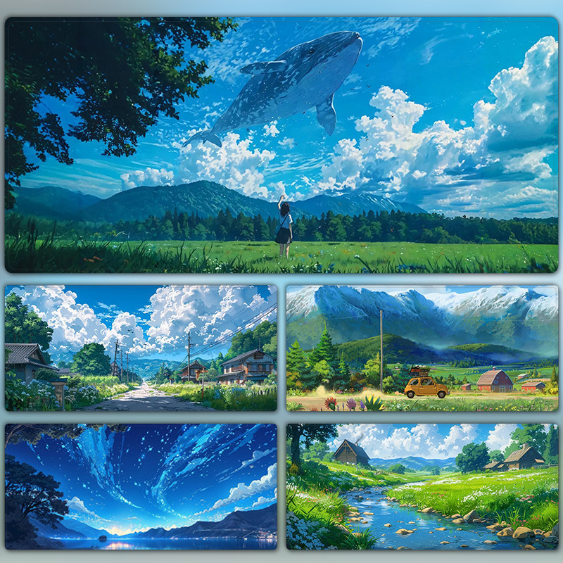 Hayao Miyazaki Anime Mouse Pad, Extra-Large, Fresh and Healing Summer Scenery, Computer Keyboard Pad, Thickened with Stitched Edges