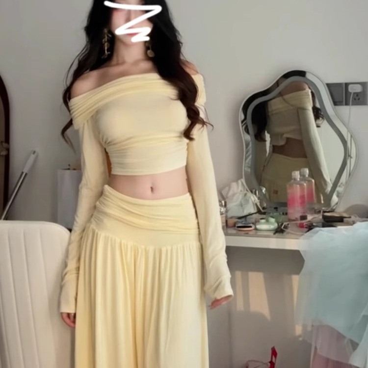 早秋韩系穿搭套装辣妹一字肩修身显瘦长袖连衣裙子半裙两件套春秋