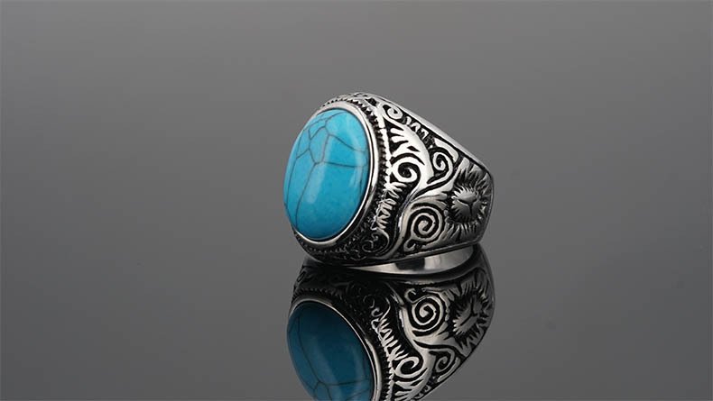 Titanium Steel Material Geometric Pattern Retro Geometric Titanium Steel Plating Natural Stone Unisex Rings