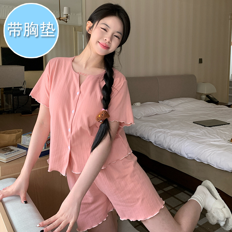 Korean Style Pajamas for Women, Pure Color Cardigan, Short-Sleeved Shorts, Cotton Suit, Student Girl, Bra-Free Home Wear, Thin Style