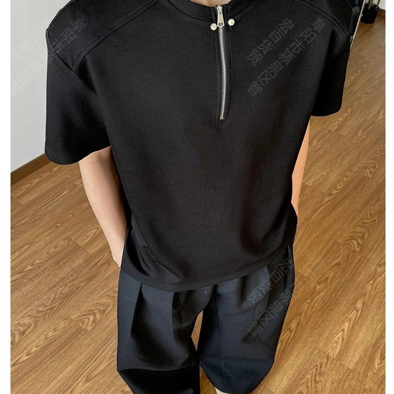 2025 New Summer Style High-End Half-Zip Shoulder Pad T-Shirt Men's Short-Sleeved American High Street Design Black Gray