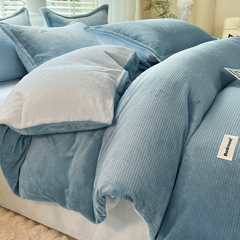 velvet warm jeans, coral set, warm sheet, flannel suede duvet cover, 4 piece set, bedding