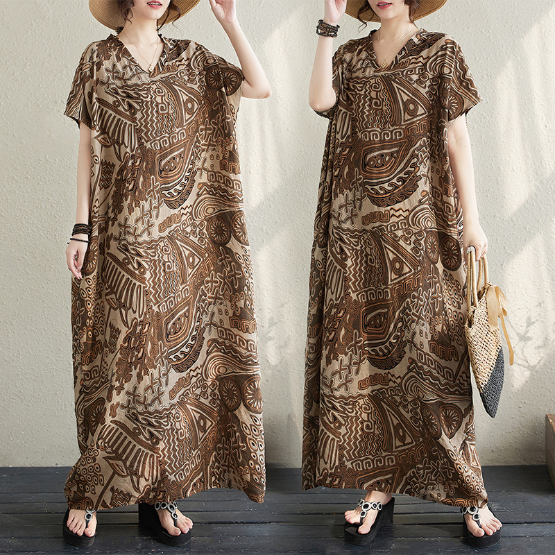 Plus-size, extra-wide, H-shaped, large-size, export-quality dress for women, middle-aged and elderly mothers, V-neck, pullover style, mid-length dress Plus-size, extra-wide, H-shaped, large-size, export-quality dress for women, middle-aged and elderly mothers, V-neck, pullover style, mid-length dress