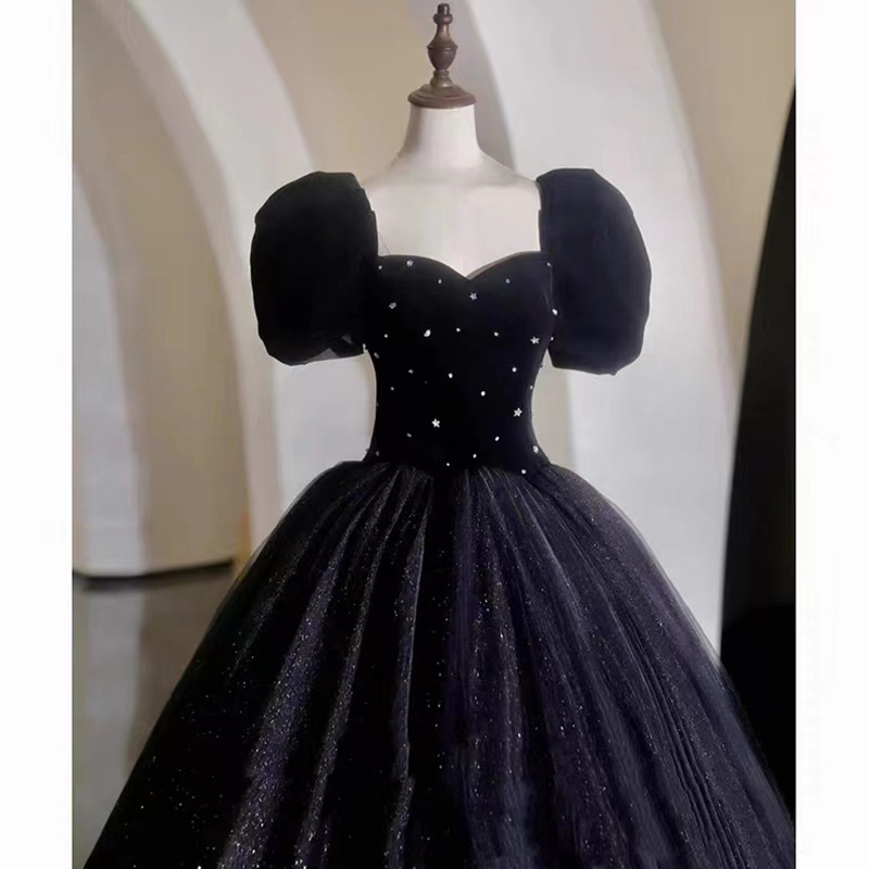 Vestido de noche para mujer, nuevo estilo invierno 2026, vestido de tul negro con mangas abullonadas para ceremonia de mayor edad, examen de arte, presentadora y reunión anual.