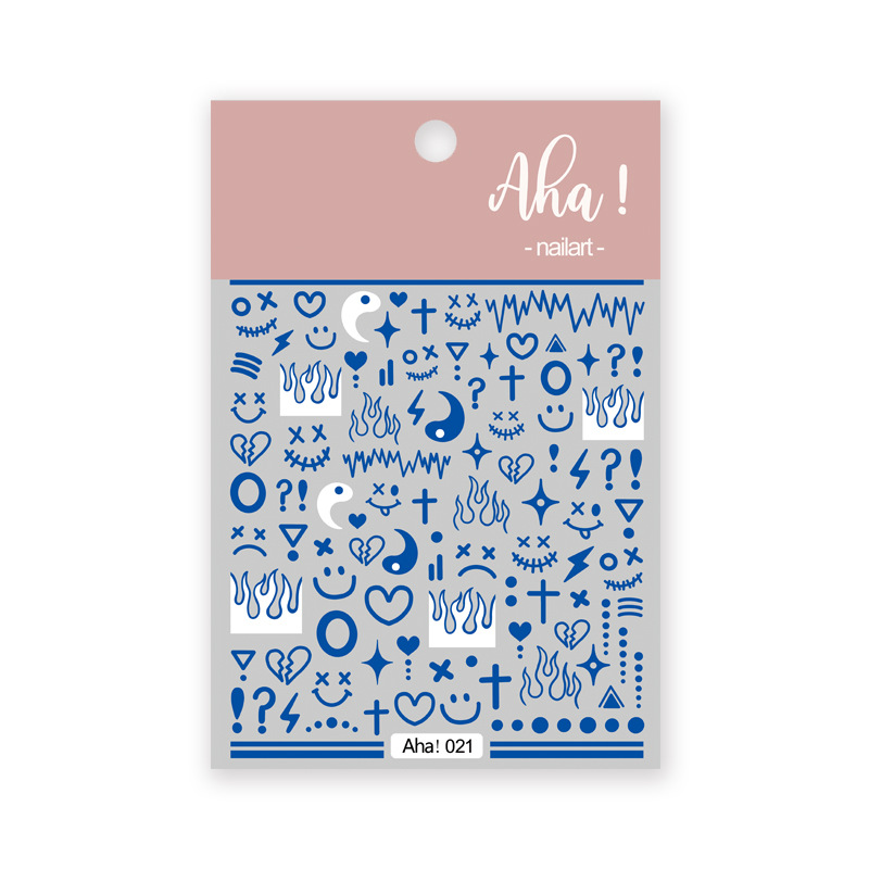 Ins popular manicura Klein azul llama patrón de cara sonriente pegatina ultra-Delgado adhesivo blanco y negro lindo clavo 4