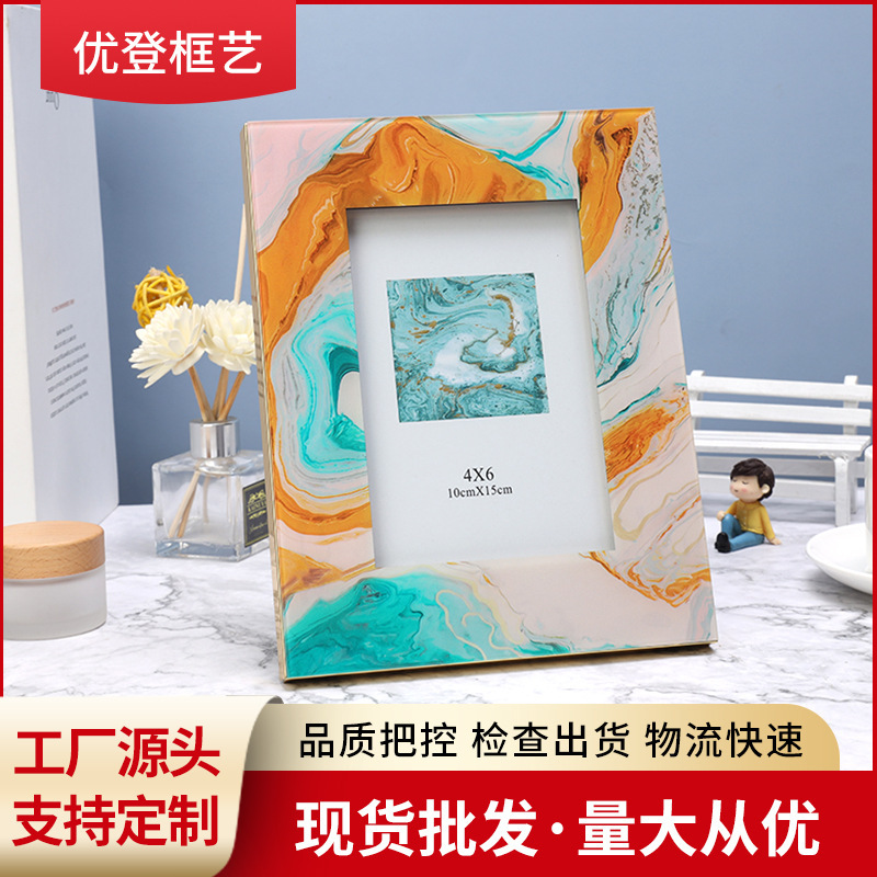 Gold metal inlay UV printing colored glass photo frame, fashion European photo frame table