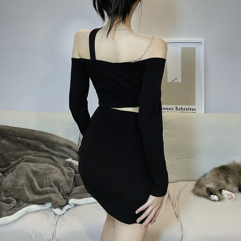 hollow solid color long-sleeved slim fake two-piece dress NSSS108036