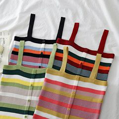 Summer New High-Waisted Short-Sleeve Women's Rainbow Striped Knit Tight Straps Outerwear Sleeveless Top for Layering