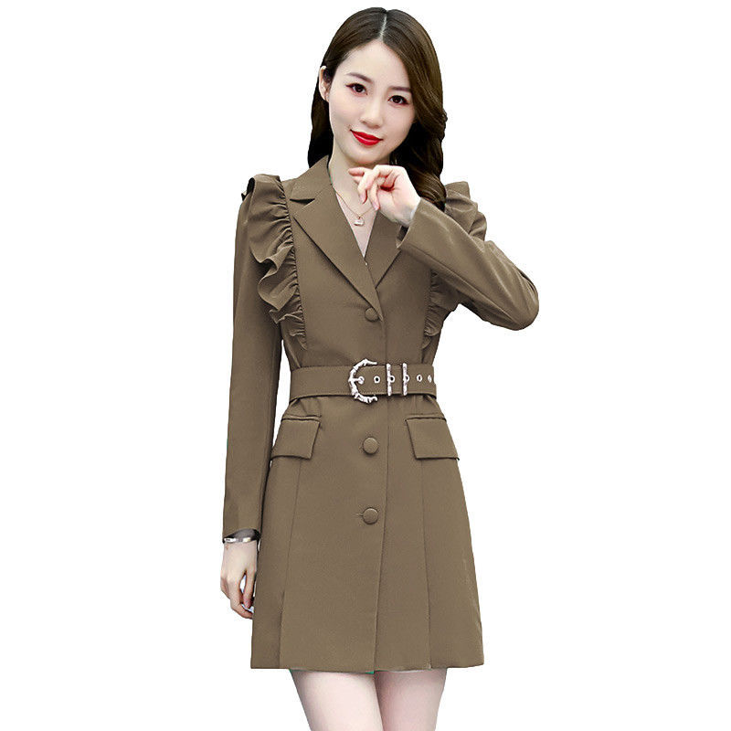 Damenbekleidung Herbst und Winter Professionelle Langarm Schlanke Temperament Taille Promi Einfarbige Windjacke für Frauen_voghion.com