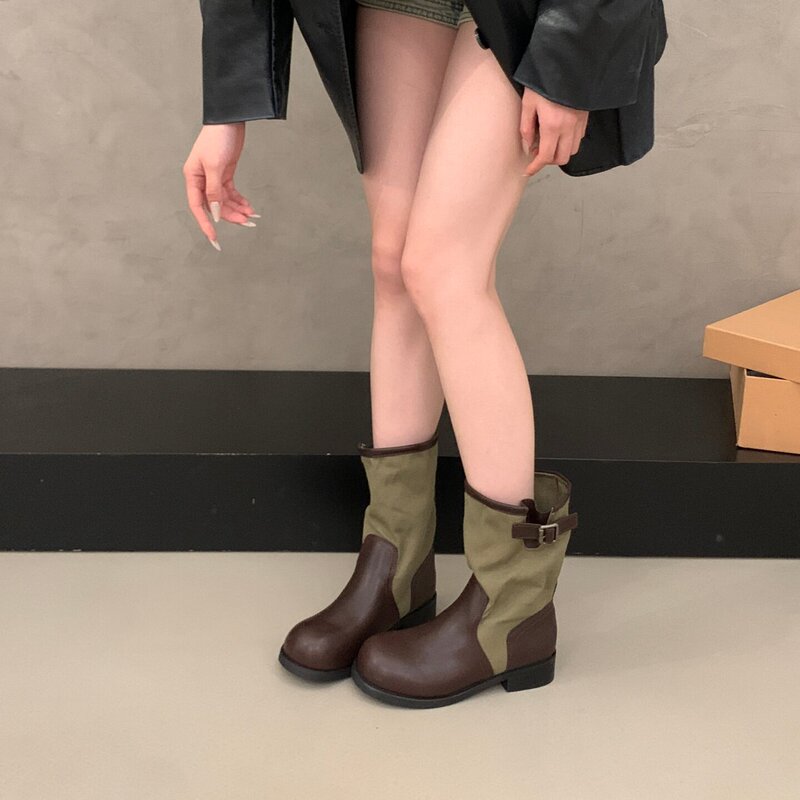Vintage Color-Block Mid-Calf Boots for Women, 2026 Summer New Style, Chunky Heel, Casual Slimming Stacked Boots, Riding Boots Vintage Color-Block Mid-Calf Boots for Women, 2026 Summer New Style, Chunky Heel, Casual Slimming Stacked Boots, Riding Boots