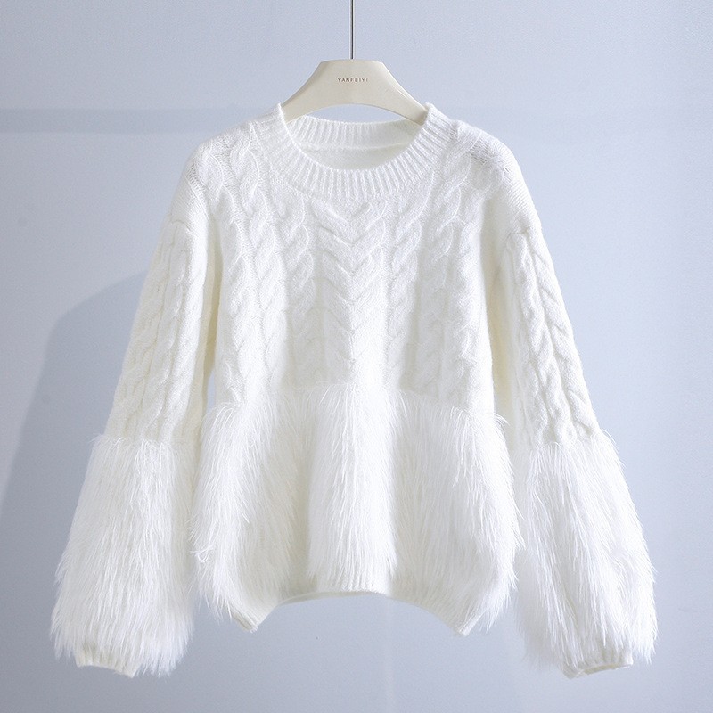 Pull ample de niche de conception de vêtements pour femmes, pull en vison avec haut à pompon, pull en tricot torsadé_voghion.com
