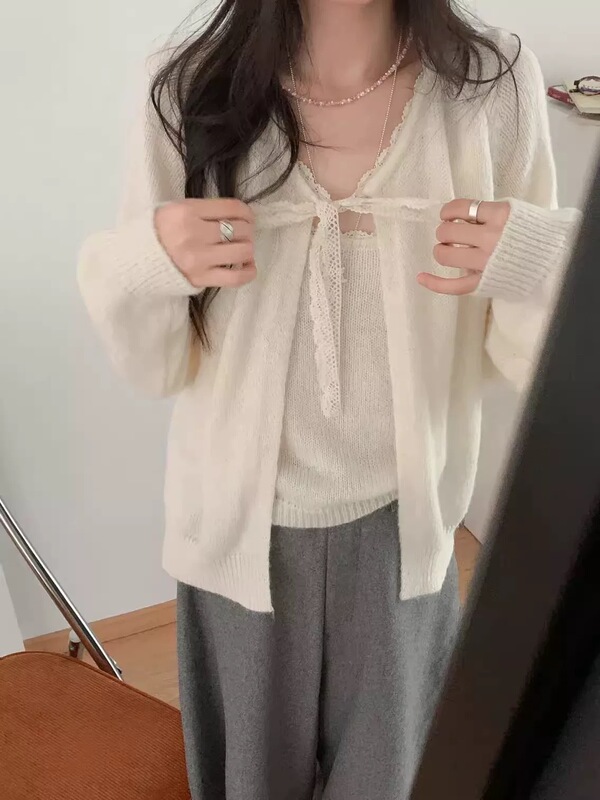 气质软糯蕾丝系带针织吊带开衫套装女2025早秋新款显瘦两件套上衣|undefined