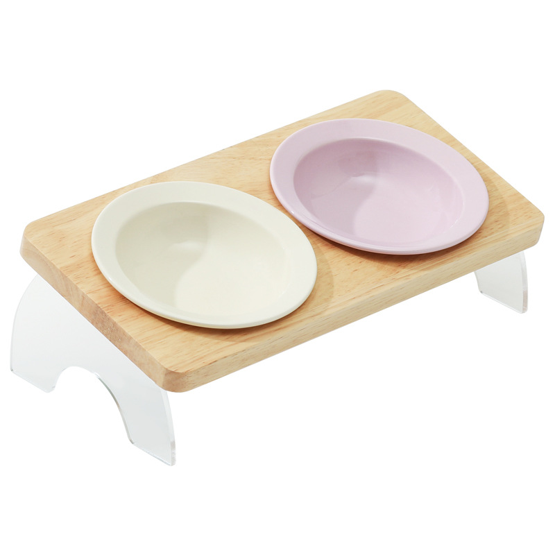 Tazón de cerámica para gatos Corea del Sur Tazón para mascotas antidetonantes gato perro tazón de comida soporte cervical tazón de agua doble tazón boca oblicua estante de madera maciza