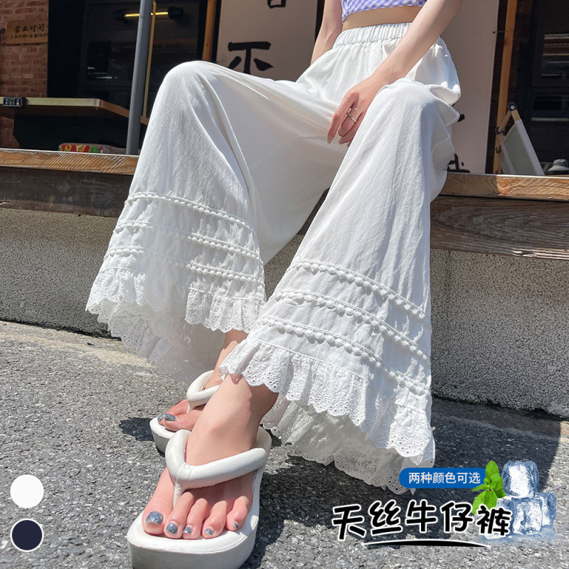 Real Shot of Multi-Layered Lace Tencel Denim Wide-Leg Pants for Women 2025 Summer Ice Silk High-Waisted Nine-Point Pants Casual Pants
