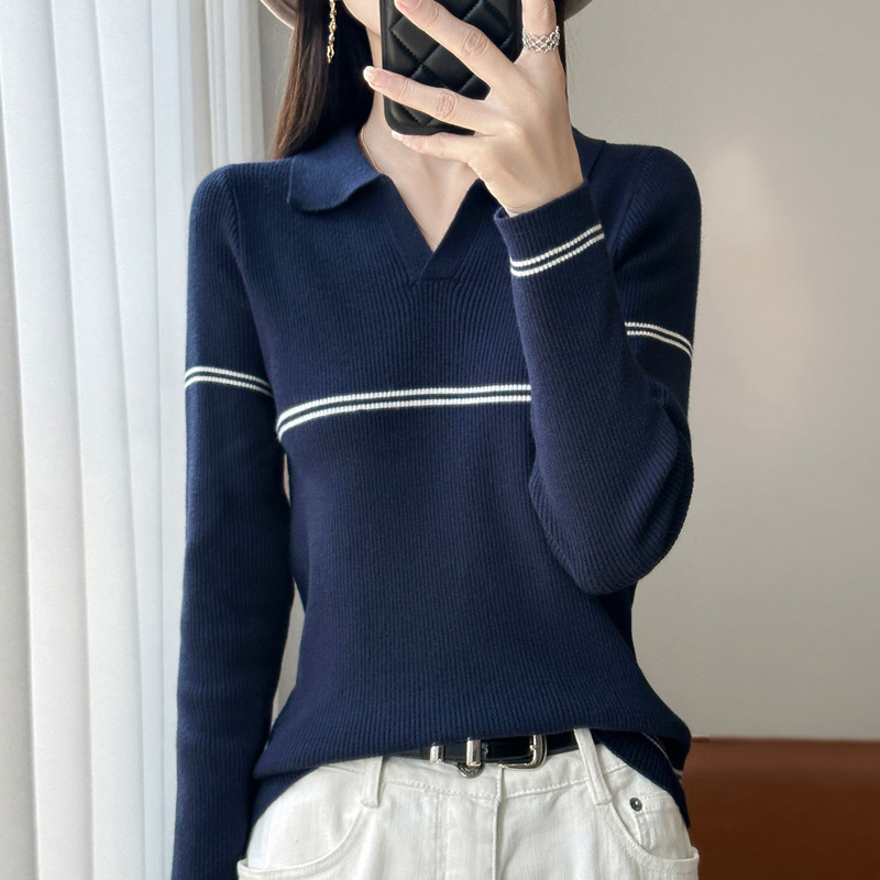 25年早秋新款安迪绒翻领针织衫长袖女拼色条纹气质套头打底衫上衣|undefined
