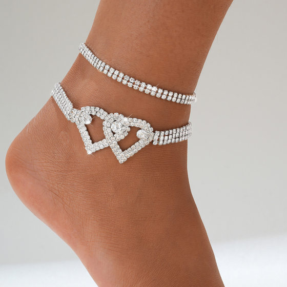 Temu hot-selling full diamond peach heart beach anklet European and American fashion diamond love anklet bracelet suit 2-piece set