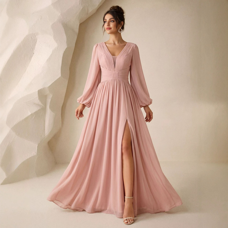 Cross-Border Amazon 2026 New V-Neck Lantern Sleeve Pleated Waist High-Slit Large Hem Evening Gown Dress