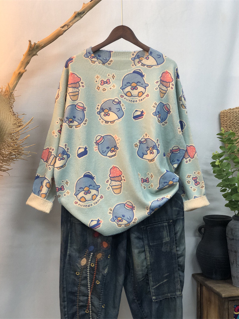 Autumn and Winter Round Neck Fashionable Women's Chic Hong Kong Style Tops, Pullover Sweaters, and Bottoming Printed Loose Knitwears