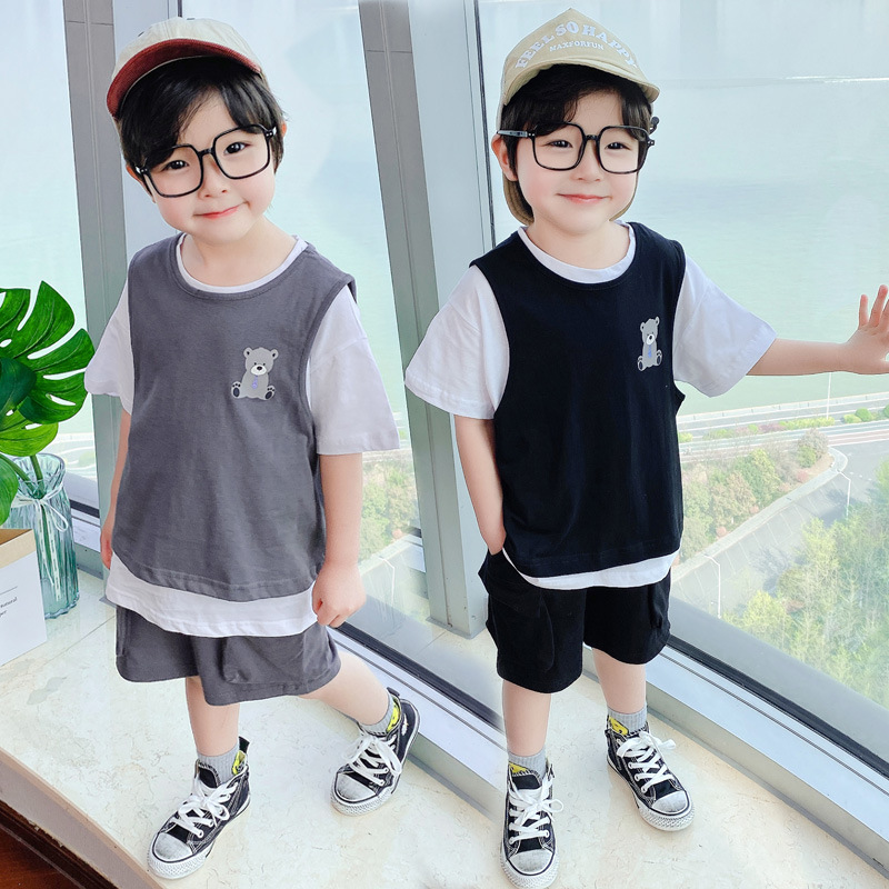 children summer Casual suit 2021 new pattern Male Children cotton material knitting lovely printing Three-piece Suite Chao Tong