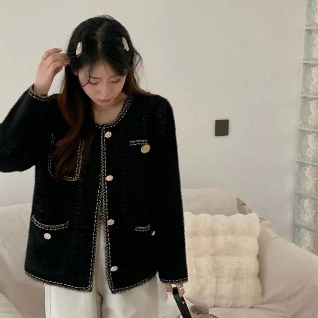 Moda Chanel estilo de punto cardigan suéter Otoño e Invierno Nuevo estilo Faux visón terciopelo cuello redondo oro seda Plaid todo-coincidencia abrigo para mujeres