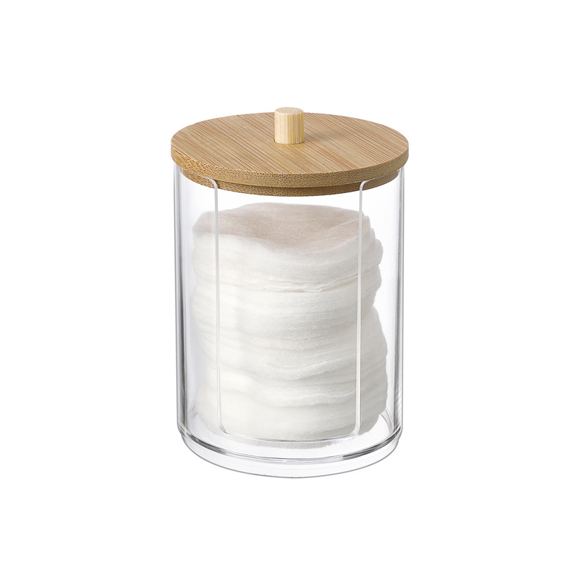 Caja de almacenamiento de hisopo de algodón acrílico Caja de almacenamiento de cristal de algodón cosmético de estilo europeo cubierta de madera transparente caja de organización de hisopo de algodón de escritorio
