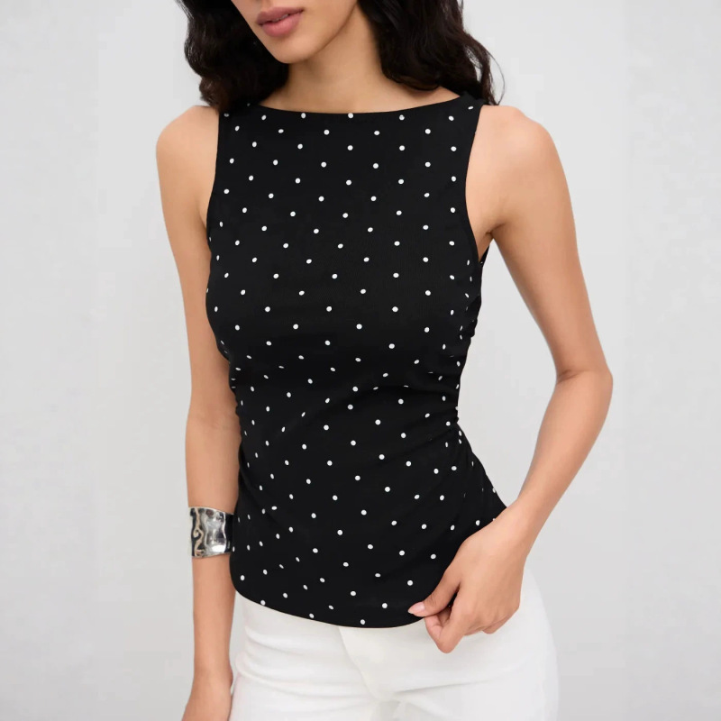 American-Style Polka Dot Base Shirt for Women, Summer Boat Neck Retro Ruched Waist-Slimming Tank Top, Sexy Sleeveless Top American-Style Polka Dot Base Shirt for Women, Summer Boat Neck Retro Ruched Waist-Slimming Tank Top, Sexy Sleeveless Top