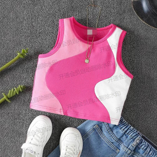 Girls Color-Blocked Vest Pure Cotton Pit Strip Counter Quality Round Neck Sling Cross-Border New Hot Style Pure Cotton Girl Summer