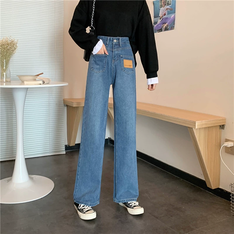 Корейский дизайн, свободные прямые джинсы с высокой талией, утягивающие широкие брюки
