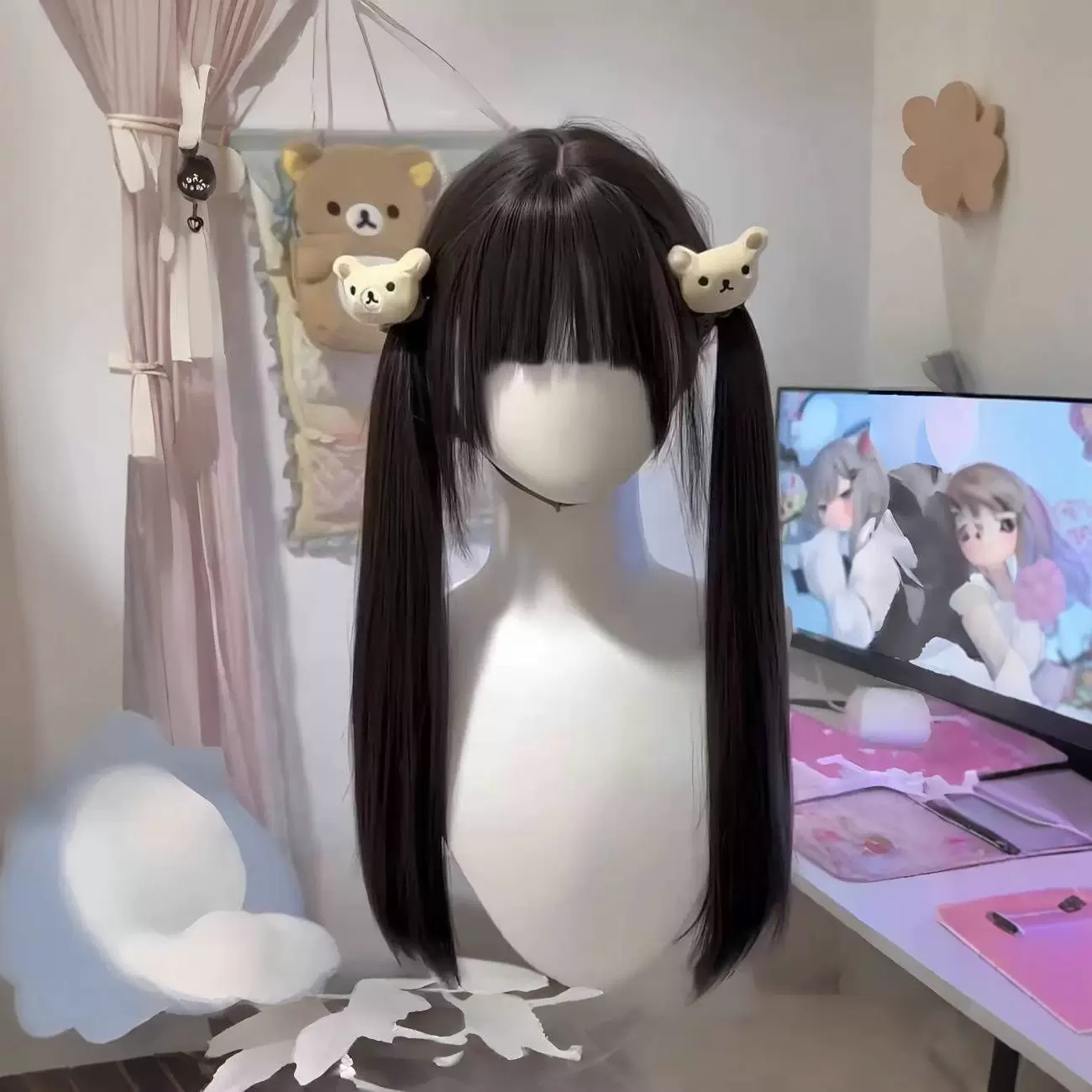 假发女75cm冷棕色长直发齐刘海有鬓角Lolita洛丽塔双马尾全头套女