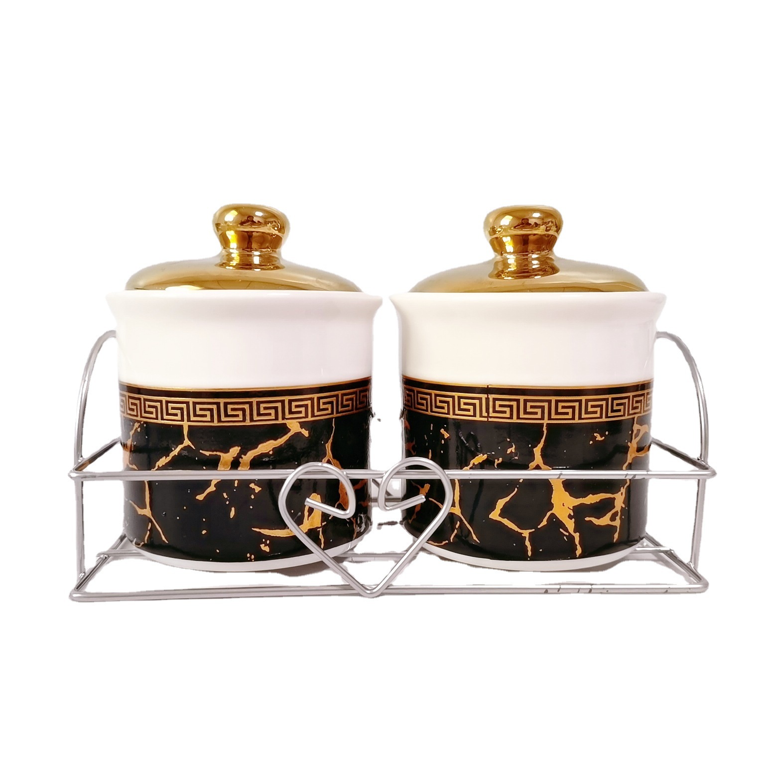Exportación transfronteriza 2-pack cerámica chapado en oro condimento tarro con estante de hierro cocina condimento botella té tarro Oriente Medio