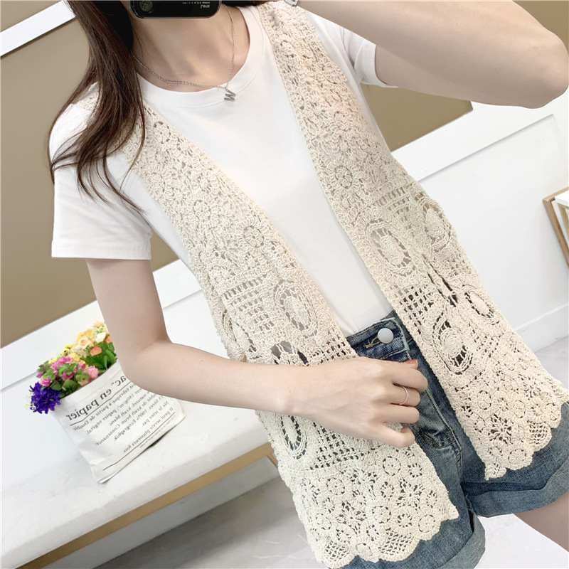 2025 Spring and Summer New Style Cut Out Knitted Thin Cardigan Shawl Women's Mid-Length Sleeveless Vest Vest Outer Wear Waistcoat 2025 Spring and Summer New Style Cut Out Knitted Thin Cardigan Shawl Women's Mid-Length Sleeveless Vest Vest Outer Wear Waistcoat