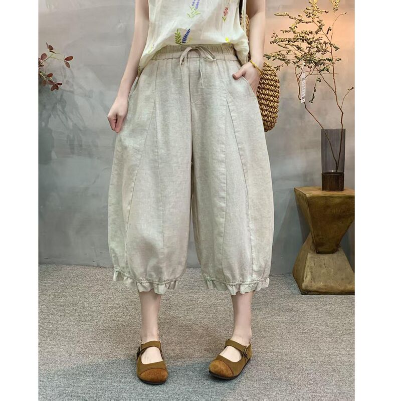Cotton and Linen Elastic Waist Lantern Pants with Ruffled Edges, Stylish and Versatile, Elastic Waist with Drawstring, Slimming Women's Cropped Pants for Summer Cotton and Linen Elastic Waist Lantern Pants with Ruffled Edges, Stylish and Versatile, Elastic Waist with Drawstring, Slimming Women's Cropped Pants for Summer