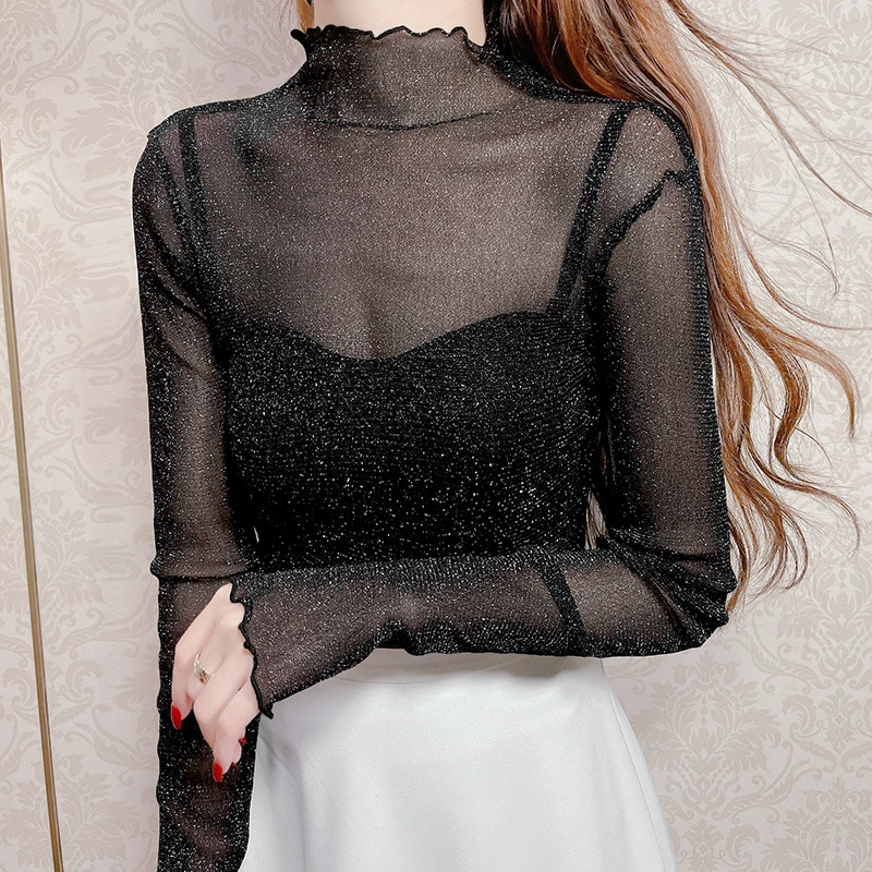 Блестящий сетчатый топ в европейском стиле для женщин, с длинными рукавами и воротником с рюшами, новая осенняя плотная прозрачная базовая рубашка с внутренней стороны.