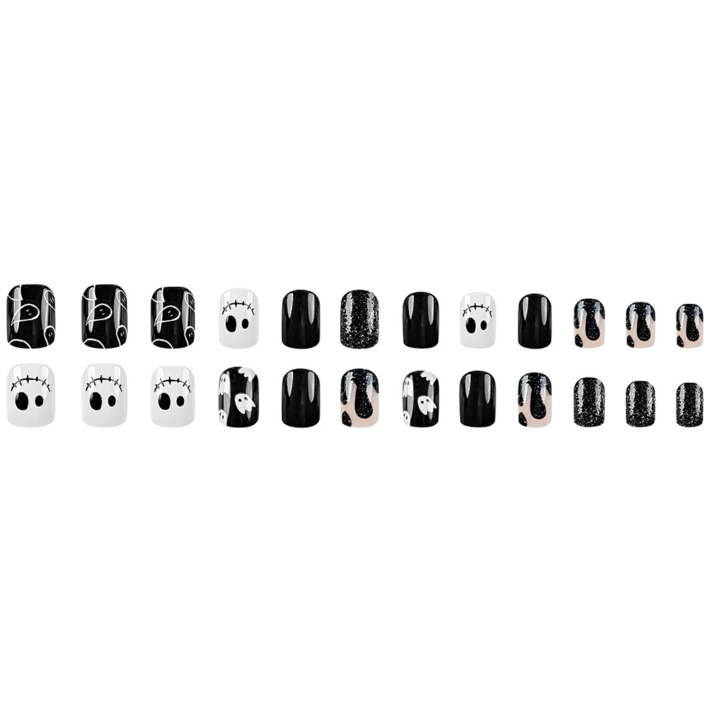 Ventas transfronterizas en blanco y negro fantasmas de manicure cuadrado europeo chicas calientes parches de uñas en polvo brillante cara cara Halloween usar uñas