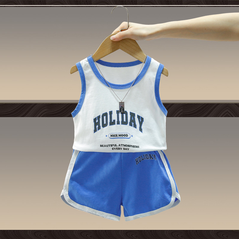 7828 traje de verano para niños nuevo estilo estilo occidental chaleco deportivo para bebés pantalones cortos ropa sin mangas de verano para bebés y niños delgada