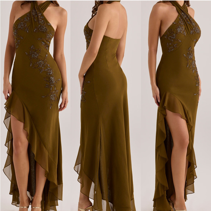 Australian women's clothing, heavy beaded embroidery halter neck ultra-long dress, light formal dress, 2026 summer new mid-length dress Australian women's clothing, heavy beaded embroidery halter neck ultra-long dress, light formal dress, 2026 summer new mid-length dress