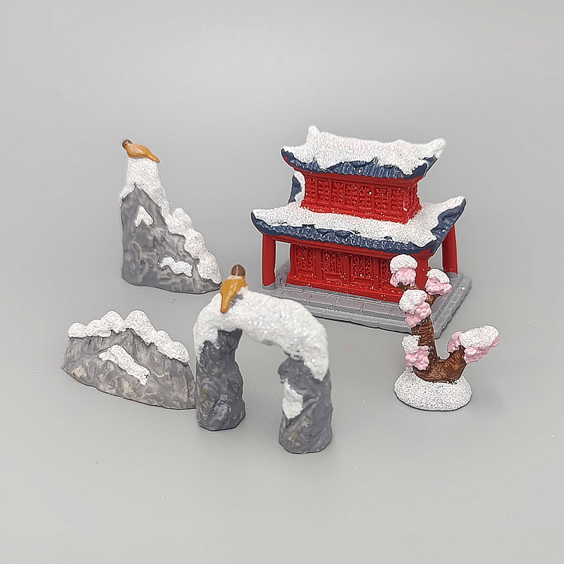 满19元包邮微景观雪景国风建筑江南小楼亭院桥门假山水池造景摆件|undefined