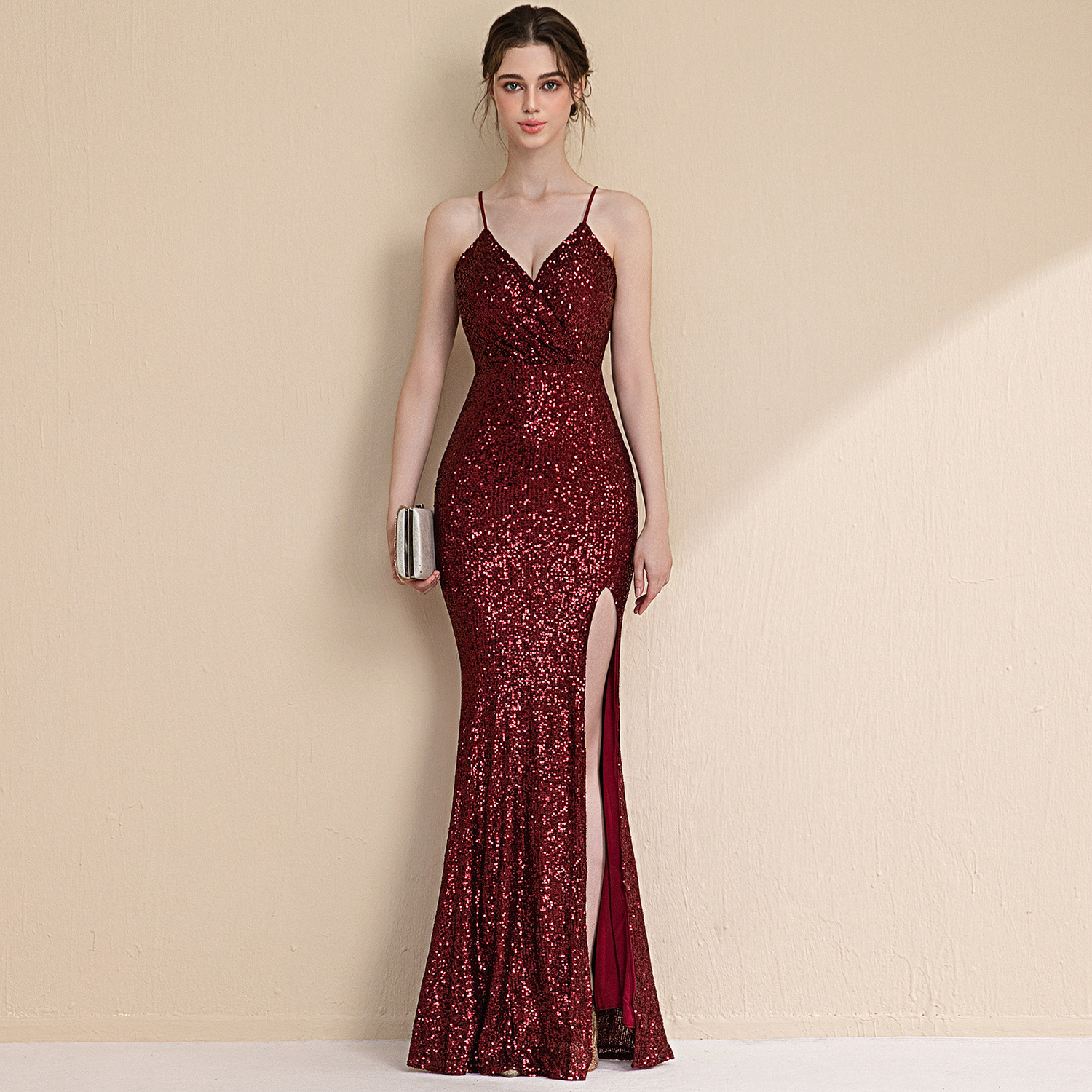 Evening dress women's high-end light luxury dinner elegant socialite banquet high-grade sequined fishtail long sling dress